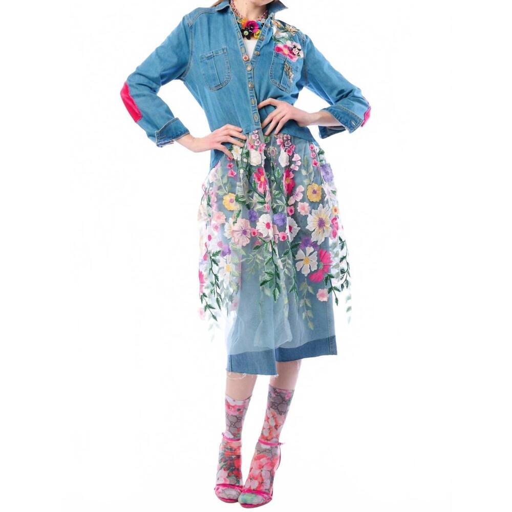 NEW ARATTA celine button down floral shirt dress in denim blue - Picture 5 of 10